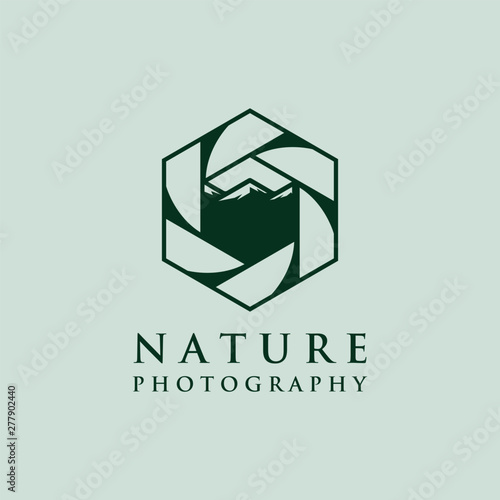 lens photography logo designs with mountain symbol