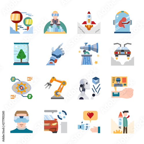 future technology innovation flat design icon set, vector and illustration