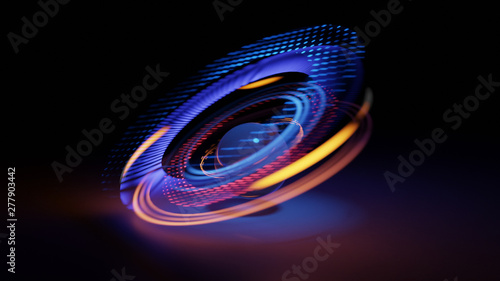 Glowing particles around a sphere. Swirl light movement. Motion blur effect. 3d Illustration