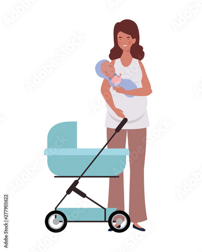 woman standing with a newborn baby in pram
