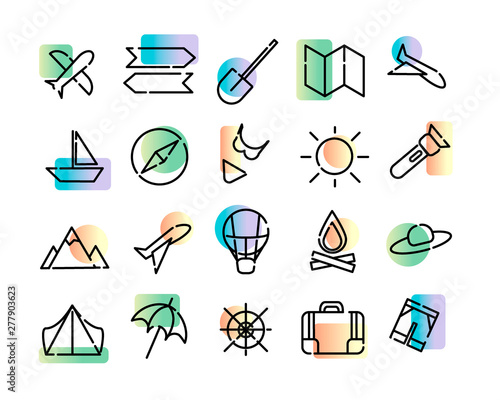 Simple set of vector icons of travel. Black dotted lines and colorful modern gradient on a white background. Map, sun, plane, beach, compas and more.