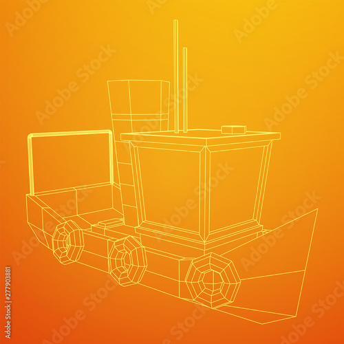 Fishing boat. Commercial fishing trawler for industrial seafood production. Vintage marine ship, sea or ocean transportation concept. Wireframe low poly mesh vector illustration