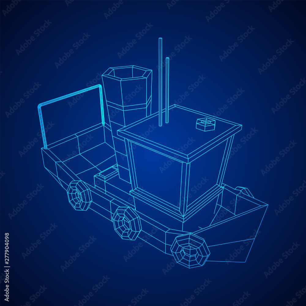 Fishing boat. Commercial fishing trawler for industrial seafood production. Vintage marine ship, sea or ocean transportation concept. Wireframe low poly mesh vector illustration Fishing boat. Commercial fishing trawler for industrial seafood production. Vintage marine ship, sea or ocean transportation concept. Wireframe low poly mesh vector illustration