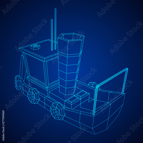 Fishing boat. Commercial fishing trawler for industrial seafood production. Vintage marine ship, sea or ocean transportation concept. Wireframe low poly mesh vector illustration