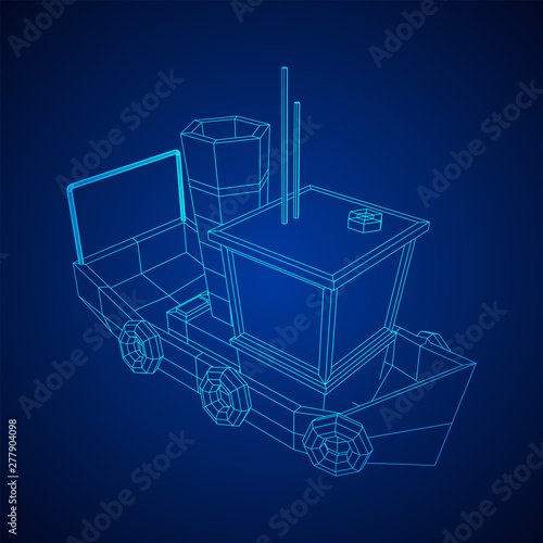 Fishing boat. Commercial fishing trawler for industrial seafood production. Vintage marine ship, sea or ocean transportation concept. Wireframe low poly mesh vector illustration