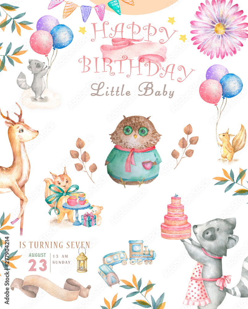 Fototapeta premium Watercolor cute Cartoon Owl. Cute baby greeting card. Boho flowers and floral bouquets Happy Birthday set. Watercolor greeting baby clip art on white background.