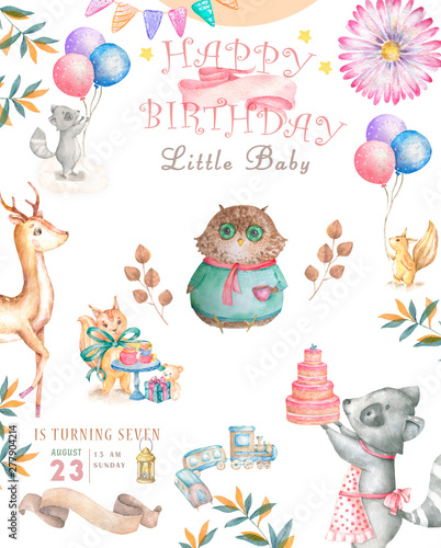 Watercolor cute Cartoon Owl. Cute baby greeting card. Boho flowers and floral bouquets Happy Birthday set. Watercolor greeting baby clip art on white background. © Anna Terleeva