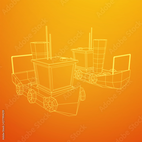 Fishing boat. Commercial fishing trawler for industrial seafood production. Vintage marine ship, sea or ocean transportation concept. Wireframe low poly mesh vector illustration