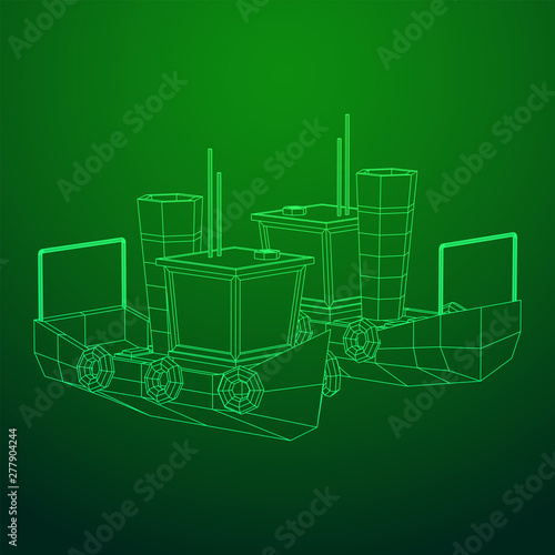 Fishing boat. Commercial fishing trawler for industrial seafood production. Vintage marine ship, sea or ocean transportation concept. Wireframe low poly mesh vector illustration