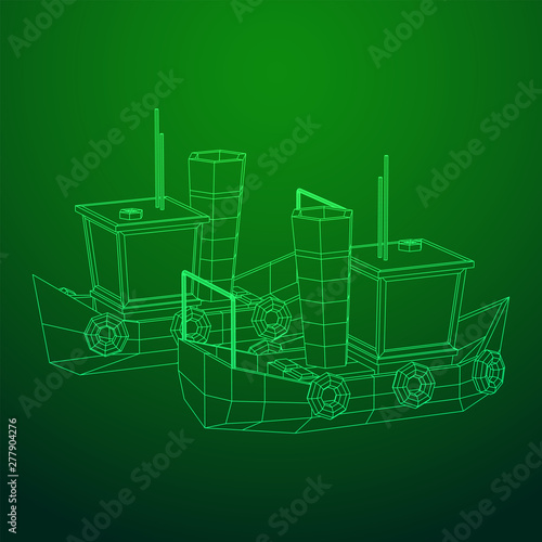 Fishing boat. Commercial fishing trawler for industrial seafood production. Vintage marine ship, sea or ocean transportation concept. Wireframe low poly mesh vector illustration