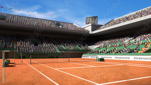 Empty clay tennis court with spectators 3d render