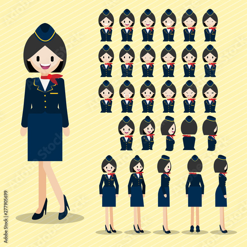 Cartoon character with beautiful air hostess, lady head vector set. Front, side, back view. Flat vector. Flat vector illustration.