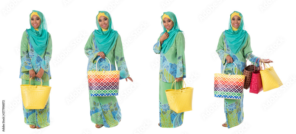 set of asian muslimah woman in full length with bright tote bags isolated