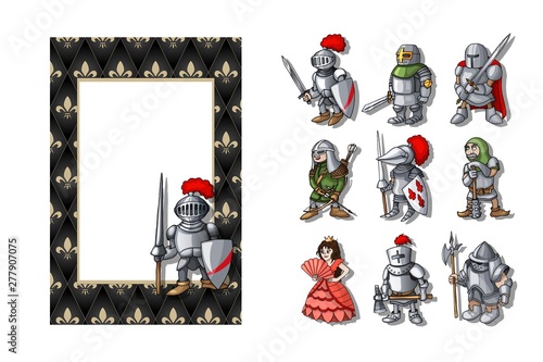 Vertical Frame with knights set on the medieval background