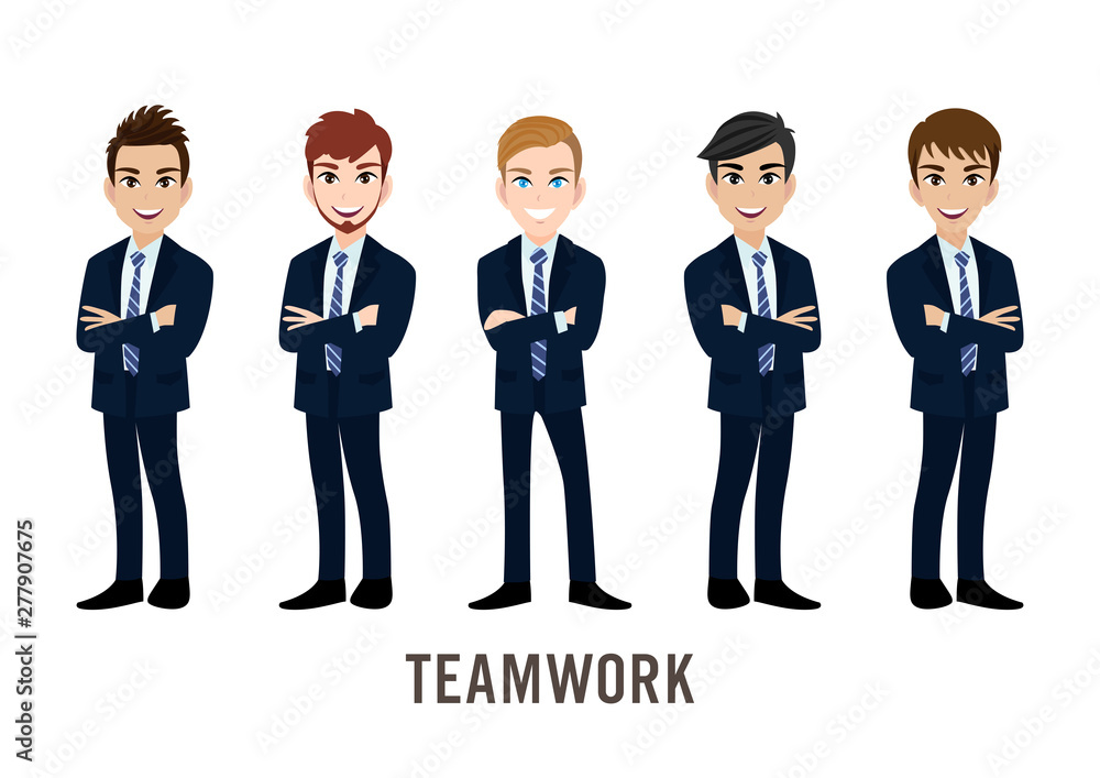 Cartoon character with businessman, teamwork concept design. Flat vector illustration.