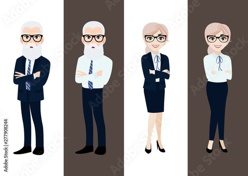 Cartoon character with business oldman and business oldwoman , teamwork concept design. Flat vector illustration.