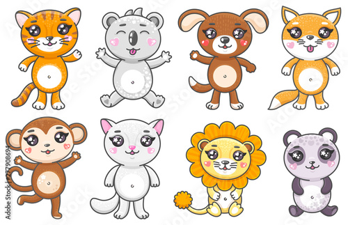 Set of cute cartoon animals. Smiling baby animas in kawaii style isolated on white background.