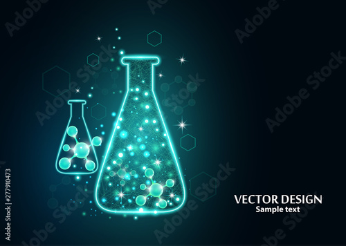 Test laboratory flask with the frame grid made of points, lines and forms. Vector illustration art style design on a dark background.