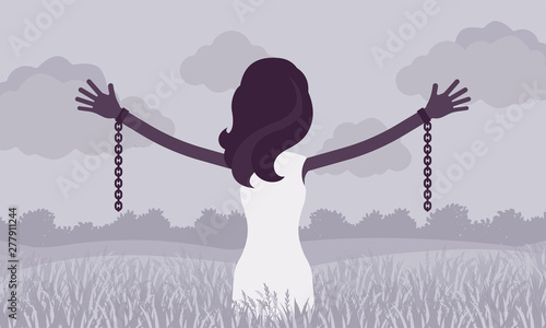 Unchained woman with stretched out arms, rear view. Girl with removed chains set free, feeling personal power, freedom, liberation from slavery, restraint. Vector illustration, faceless character
