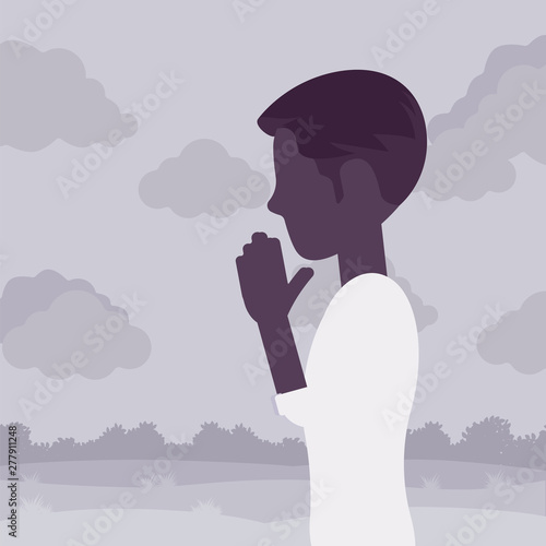 Man praying in namaste hand gesture. Guy in religious or spiritual ceremony feeling calm, peaceful and untroubled, addressing to God, method of relaxation. Vector illustration, faceless character