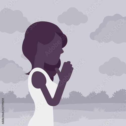 Woman praying in namaste gesture. Girl in religious or spiritual ceremony feeling calm, peaceful and untroubled, addressing to God, method of relaxation. Vector illustration, faceless character