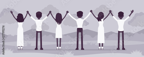 Group pray ceremony. People of religious beliefs, spiritual community wearing white clothes worship and praise god, enjoy outdoor sacred glorification ritual. Vector illustration, faceless characters