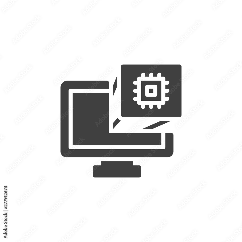 PC cpu microchip vector icon. filled flat sign for mobile concept and web design. Computer monitor with processor chip glyph icon. Symbol, logo illustration. Vector graphics PC cpu microchip vector icon. filled flat sign for mobile concept and web design. Computer monitor with processor chip glyph icon. Symbol, logo illustration. Vector graphics