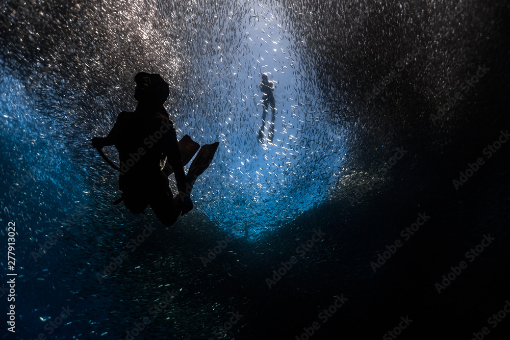A free diver descends underwater in a massive school of fish while a dive buddy watches from the surface as a safety diver.