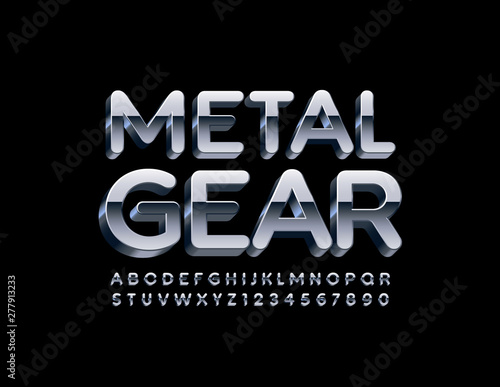Vector industrial logo Metal Gear with 3D Uppercase Font. Reflective chrome Alphabet. Modern silver Letters and Numbers