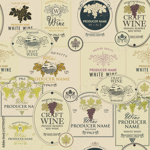 seamless pattern on the theme of wine with various wine labels with images of grapes, landscapes, winery and other in retro style