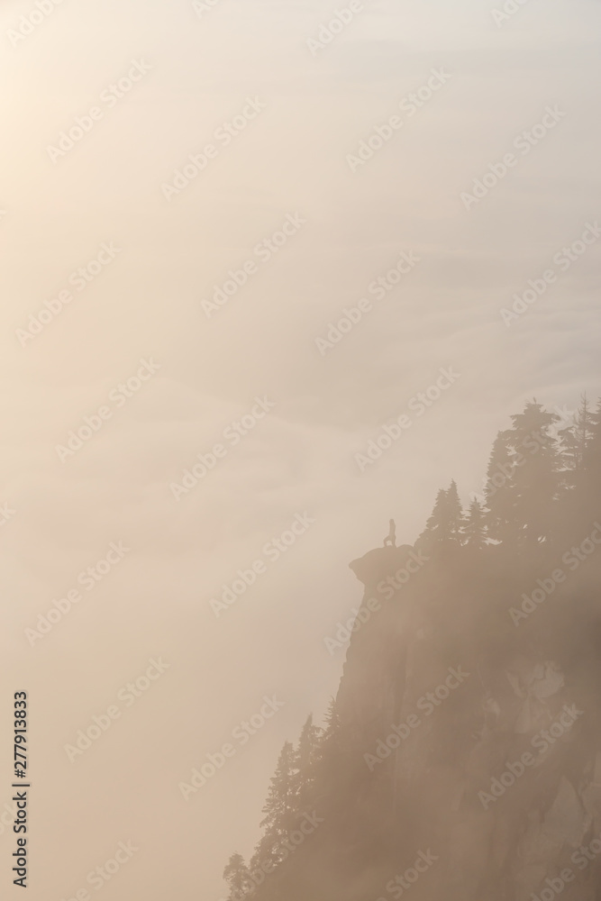 Female Hiker on top of a mountain covered in clouds during a vibrant summer sunset. Taken on top of St Mark's Summit, West Vancouver, British Columbia, Canada.