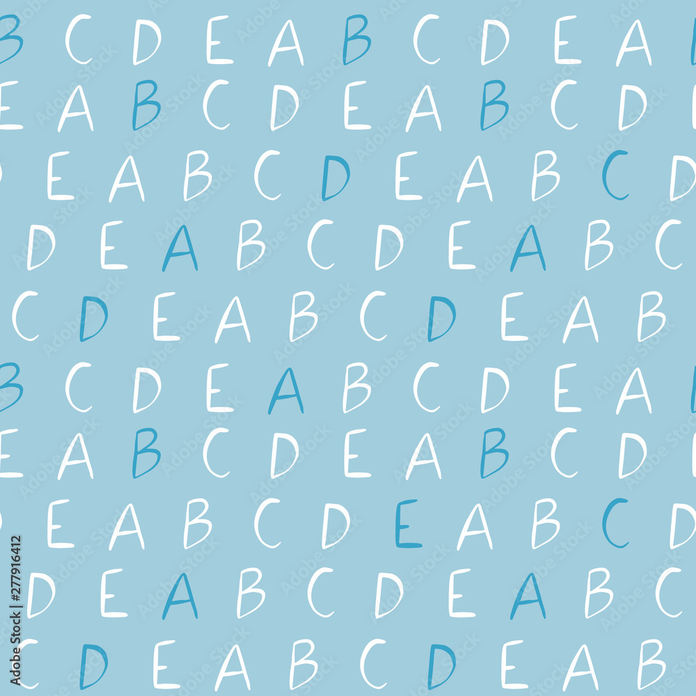 Vector hand drawn letters seamless pattern. Blue background with font characters for school design.