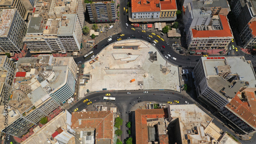 Aerial top view photo of famous square of Omonia in the heart of Athens centre, Attica, Greece