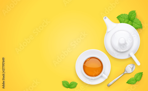 Tea cup and green spearmint leaf on plate. Traditional hot drink for breakfast with mint. Tea time. Herbal tonic beverage. Yellow background. Eps10 vector illustration.