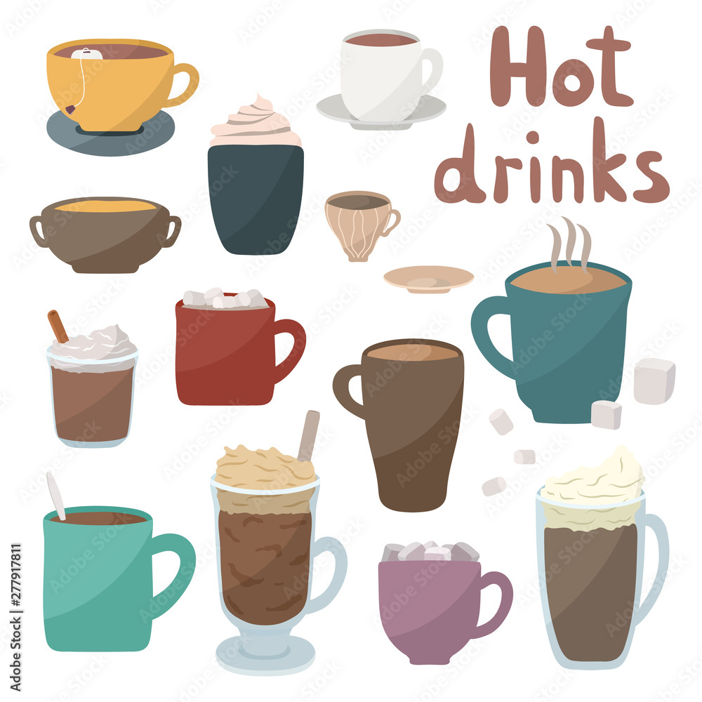Hot drinks vector illustration. Winter and autumn drinks icons set