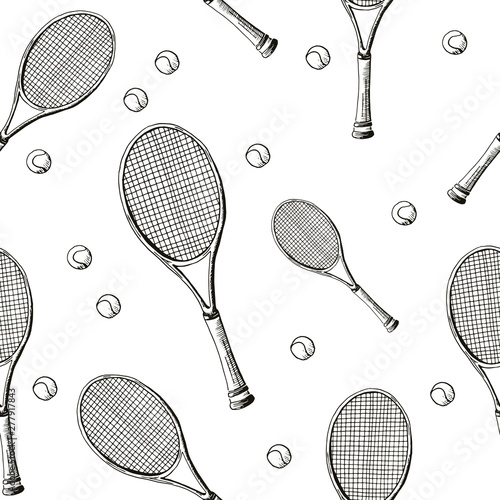 Tennis background. Seamless pattern of hand-drawn black sketch style tennis racquet with tennis balls on white background. Vector backdrop.