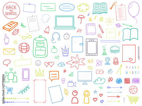 Back to school. Set of multicolored school supplies on isolated background. Big collection of different signs on white. Hand drawn elements. Abstract education illustration
