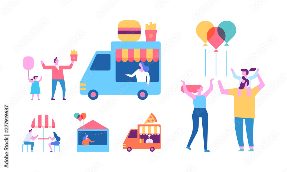 Summer food festival. Food street fair, family festival. People walking, riding bicycle, eating street food, have fun together. Family with kid and baloons. Flat vector poster. 