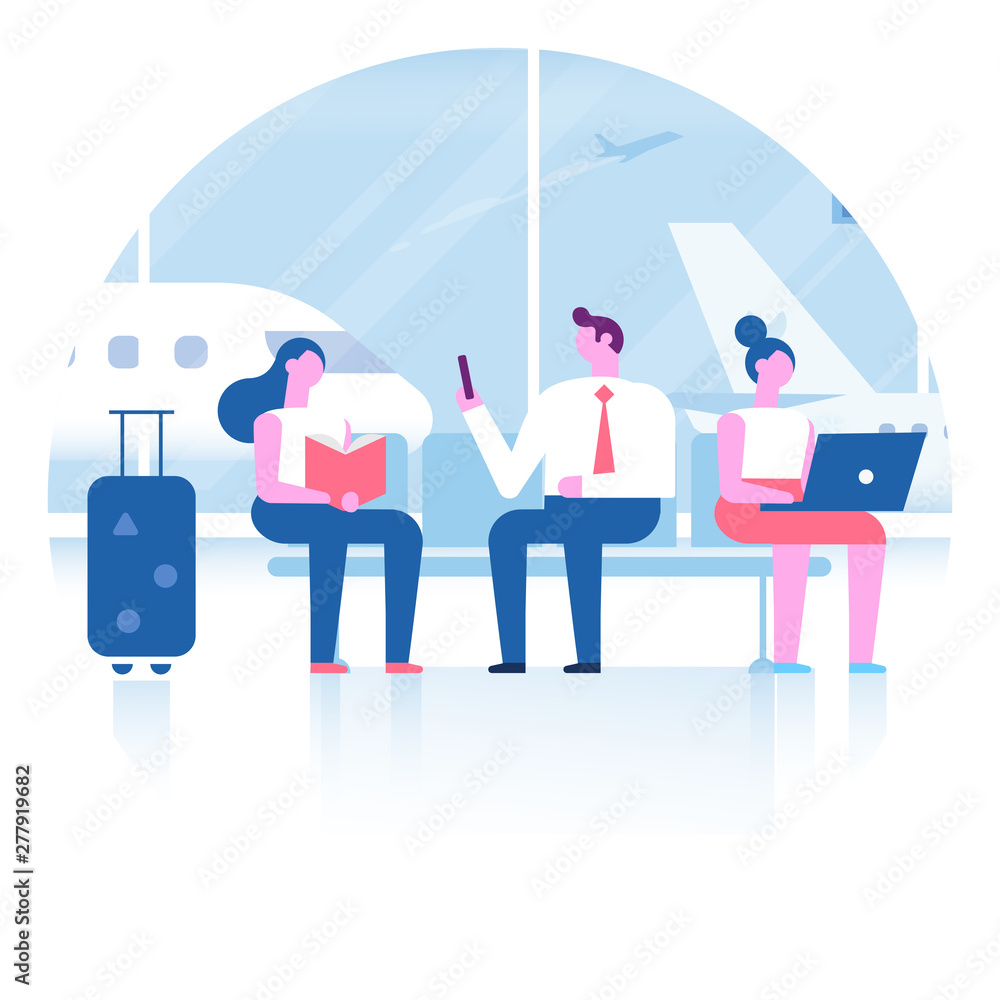 People sitting and walking in airport terminal. Infographics elements, banner or poster design arranged in circle shape. Business travel concept, travelling, vactaion. Flat vector illustration.