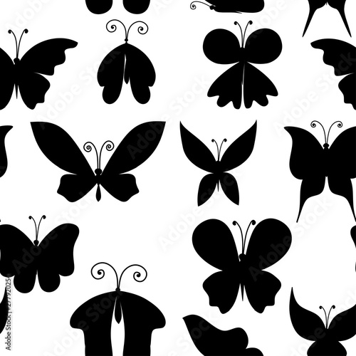 Seamless pattern black silhouette set of abstract decorative butterfly flat vector illustration on white background