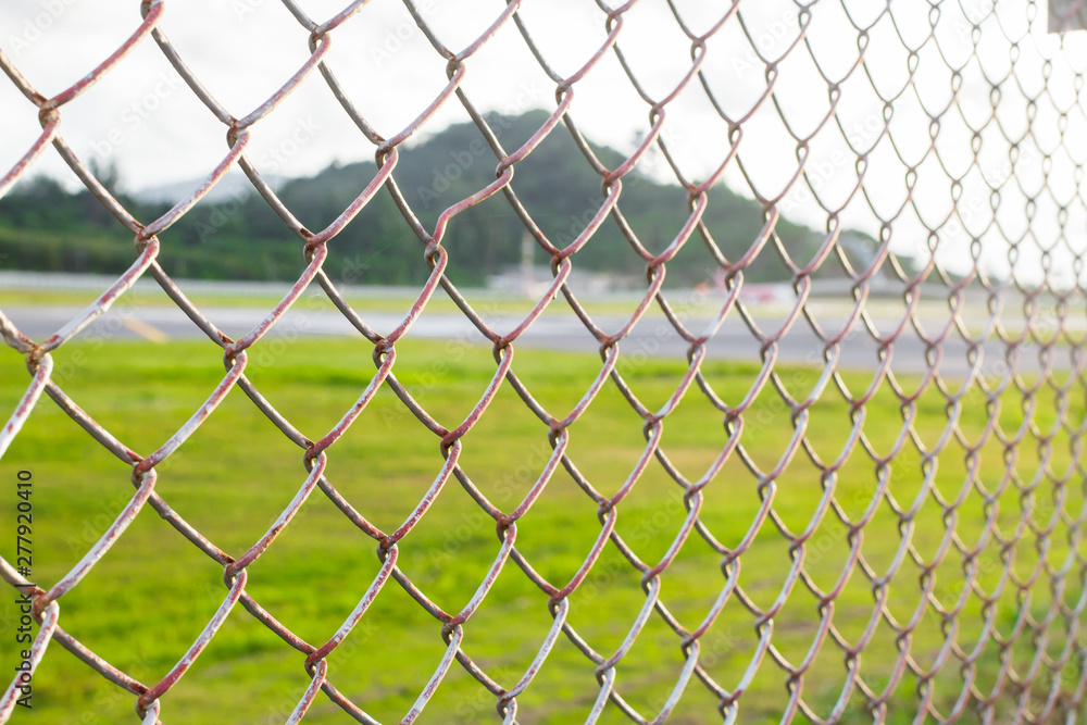 Fototapeta premium wire mesh steel with green grass background in Phuket Thailand