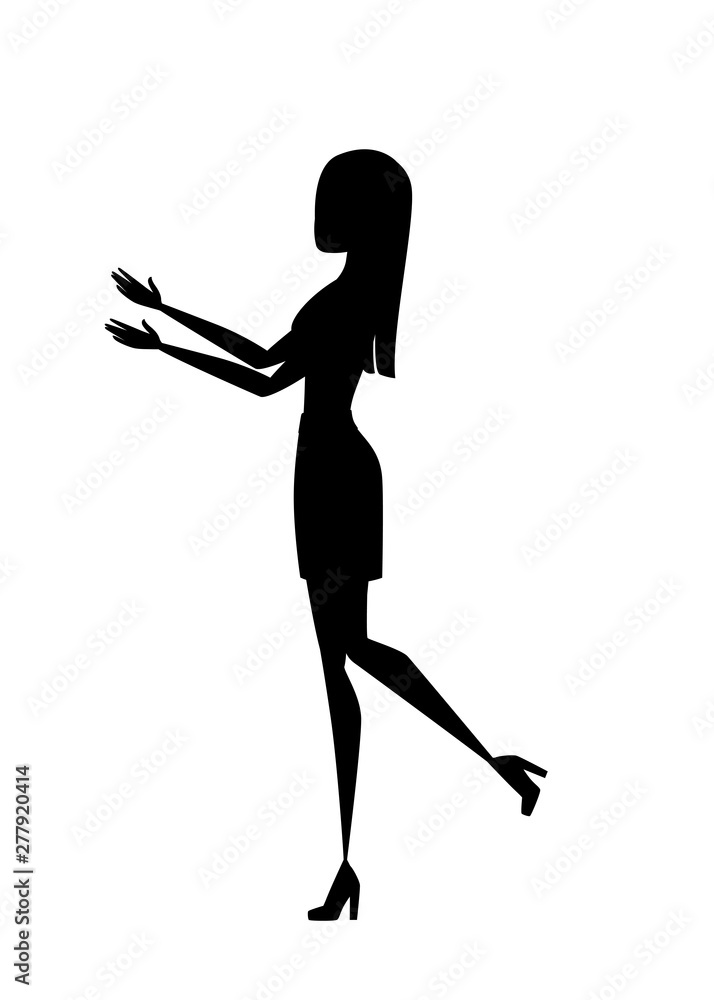 Black silhouette happy thin woman in casual clothes with up raised arms hands pointing cartoon character design flat vector illustration isolated on white background Black silhouette happy thin woman in casual clothes with up raised arms hands pointing cartoon character design flat vector illustration isolated on white background