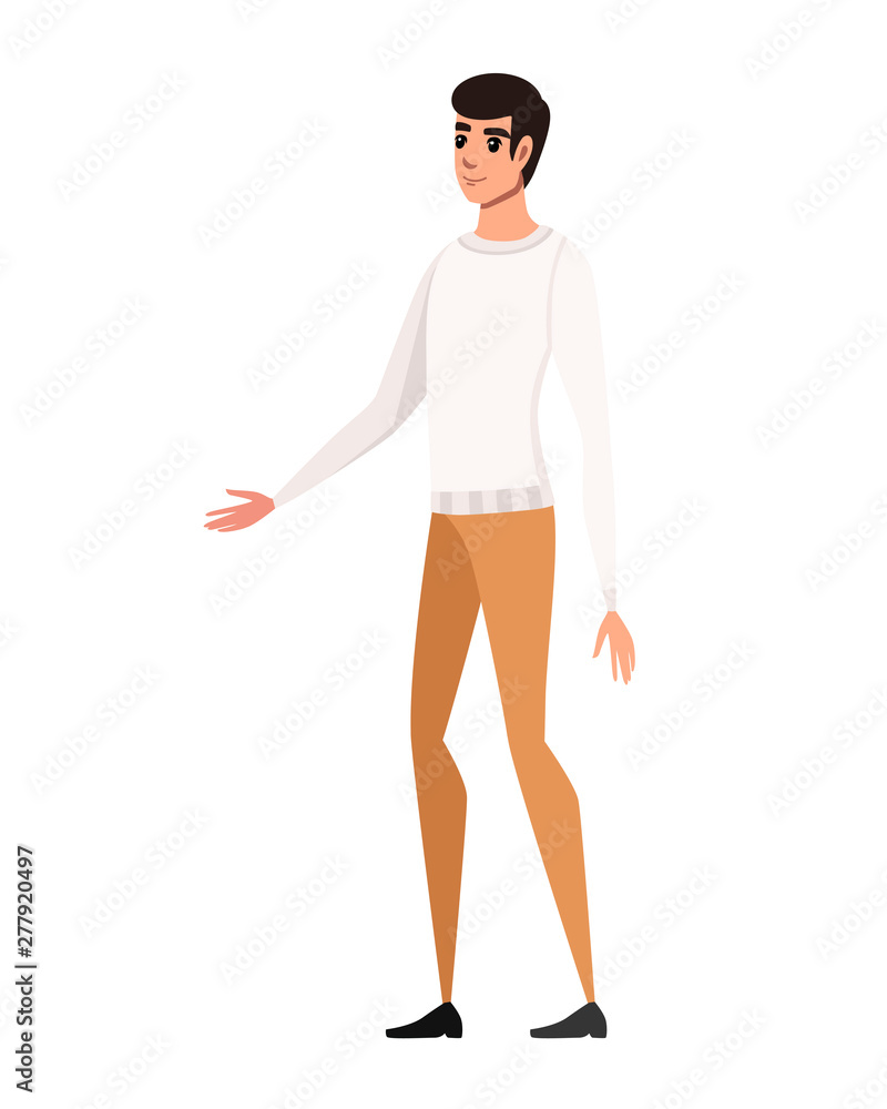 Friendly man extends his hand in greeting cartoon character design flat vector illustration isolated on white background Friendly man extends his hand in greeting cartoon character design flat vector illustration isolated on white background