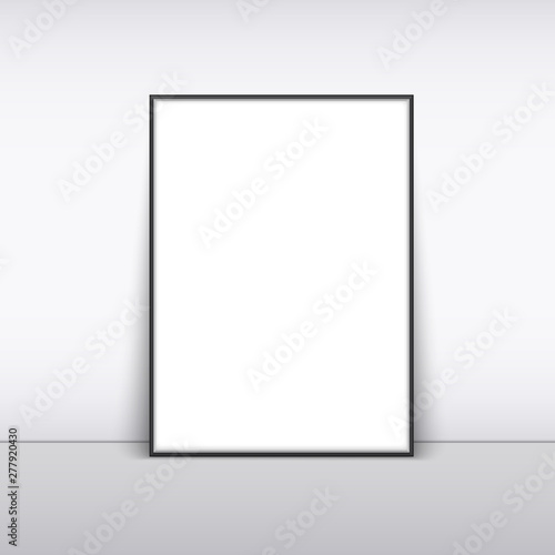 Mock up black color photo frame leaning on the wall. Vector illustration