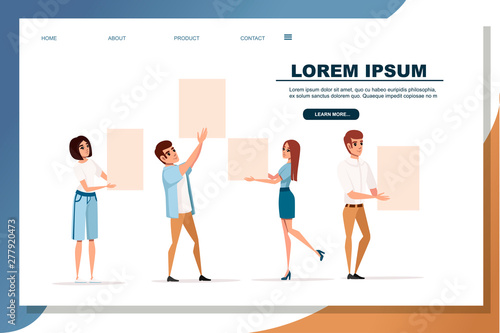 Group of people with upraised arms holding empty blank sign cartoon character design flat vector illustration on white background web site page design