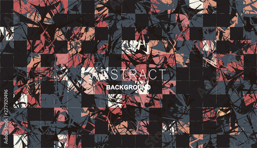 Abstract background with elements of cobwebs and strokes. sharp forms of paints and stains on the background of square tiles. Aggressive vector design. gray, black, orange, pink colors