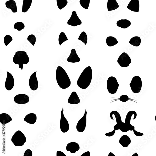 Seamless pattern black silhouette animal face elements set cartoon flat design ears and noses vector illustration isolated on white background