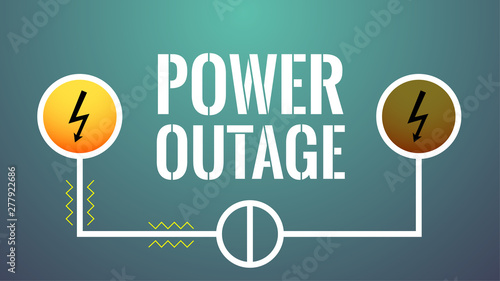 Power outage concept. Turned off electricity line. No current available. Big white lettering: power outage. Dark background