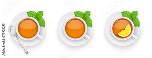 Tea cup and green spearmint leaf on plate. Traditional hot drink for breakfast with mint and lemon. Tea time. Herbal tonic beverage. Isolated white background. Eps10 vector illustration.