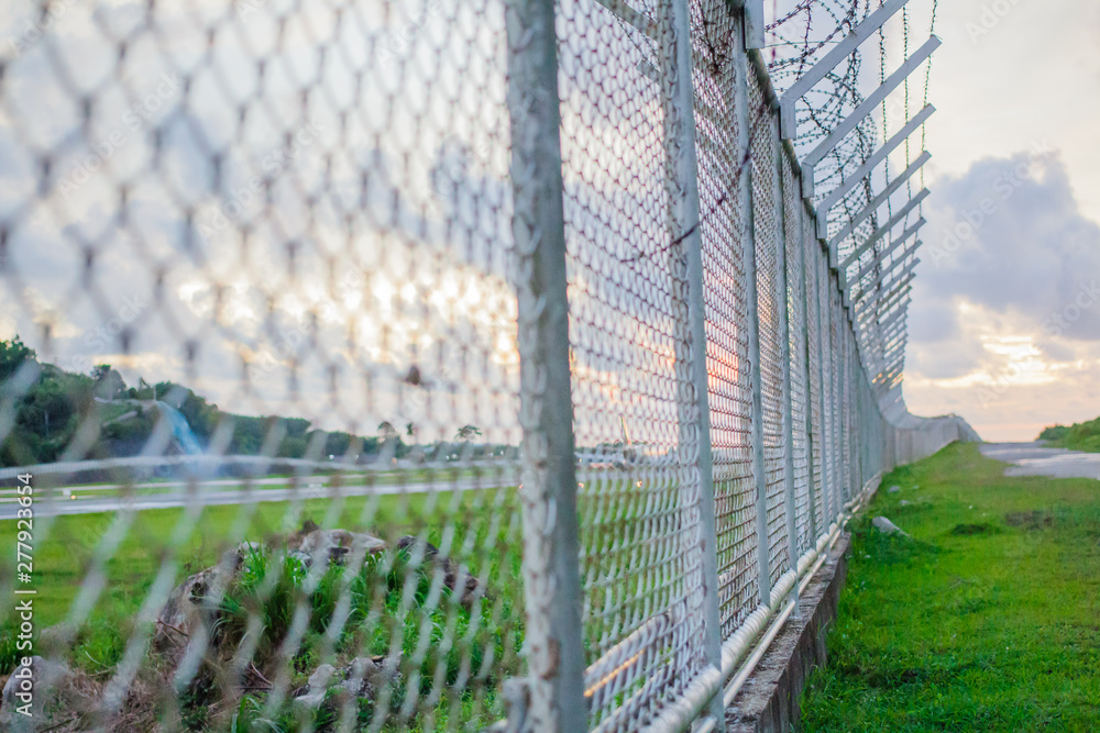 Fototapeta premium wire mesh steel with green grass background in Phuket Thailand